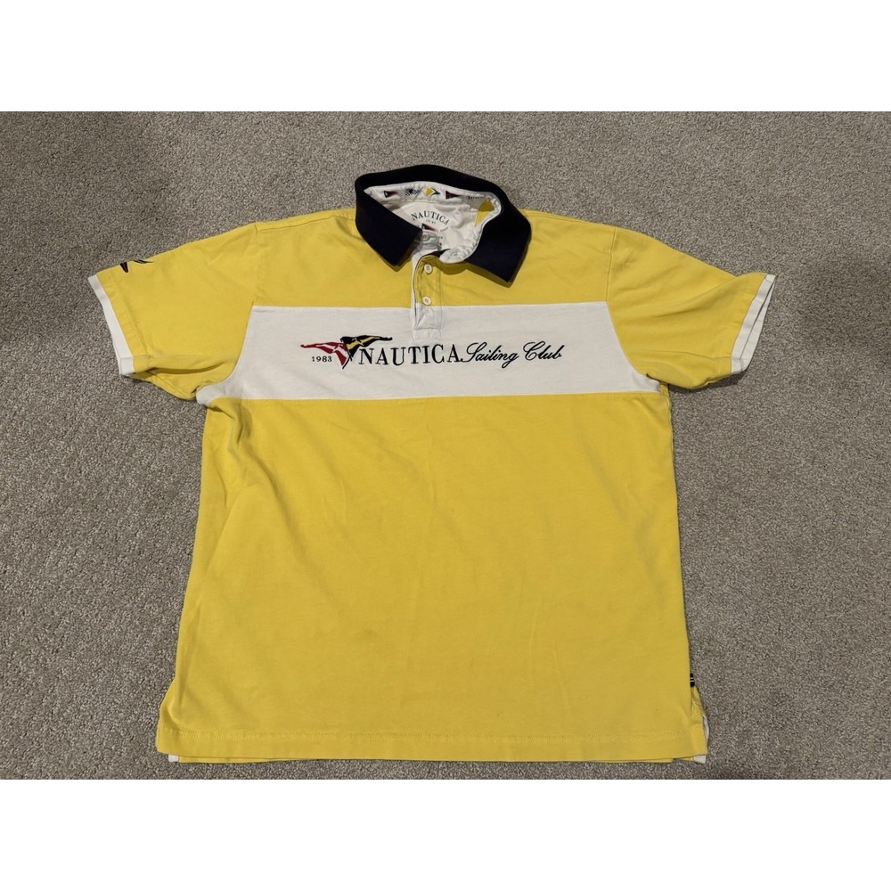Nautica Sailing Club Polo Shirt Mens L Yellow White Embroidered 100% Cotton